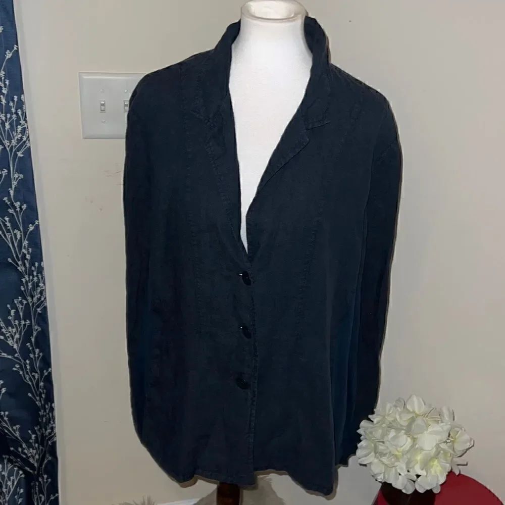 Flax Navy Linen 3 Button Blazer Jacket Lagenlook sz M Medium Pockets